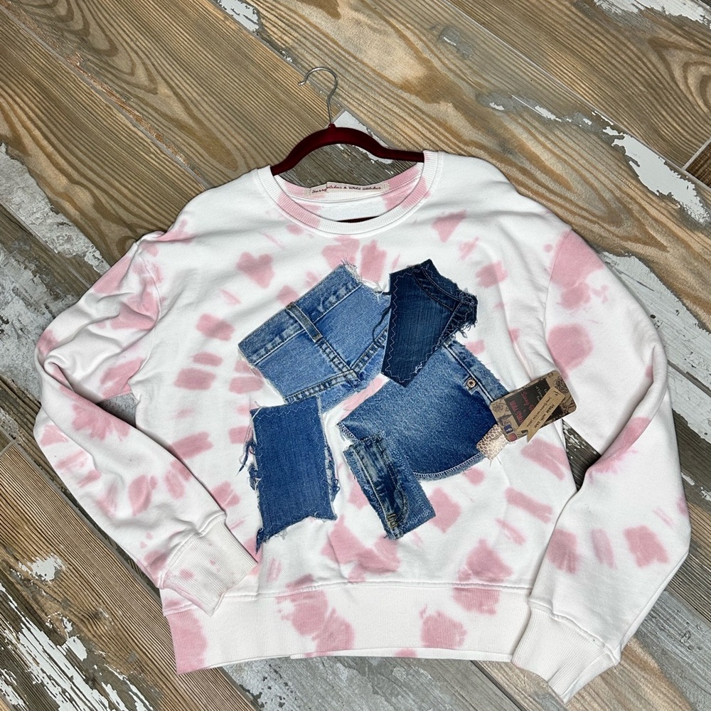 Handmade Upcycled Repurposed Rework Pink Tie Dye Denim Sweatshirt Gypsy Hippie